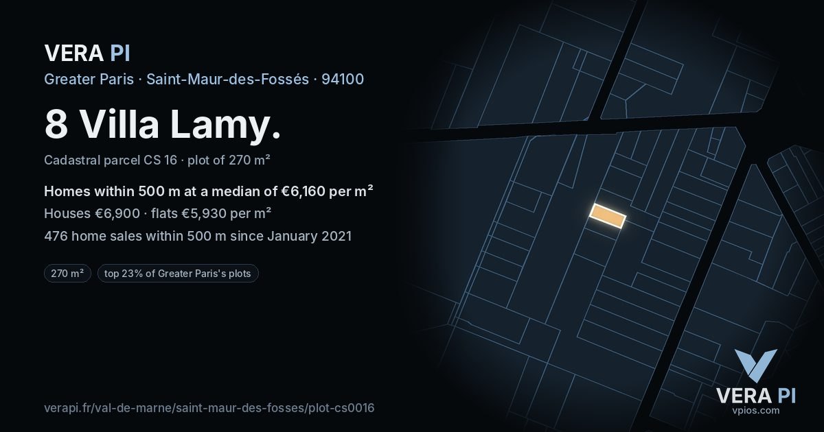 8 Villa Lamy, Saint-Maur-des-Fossés at night – the plot lit, the parcels around coloured by the prices near them