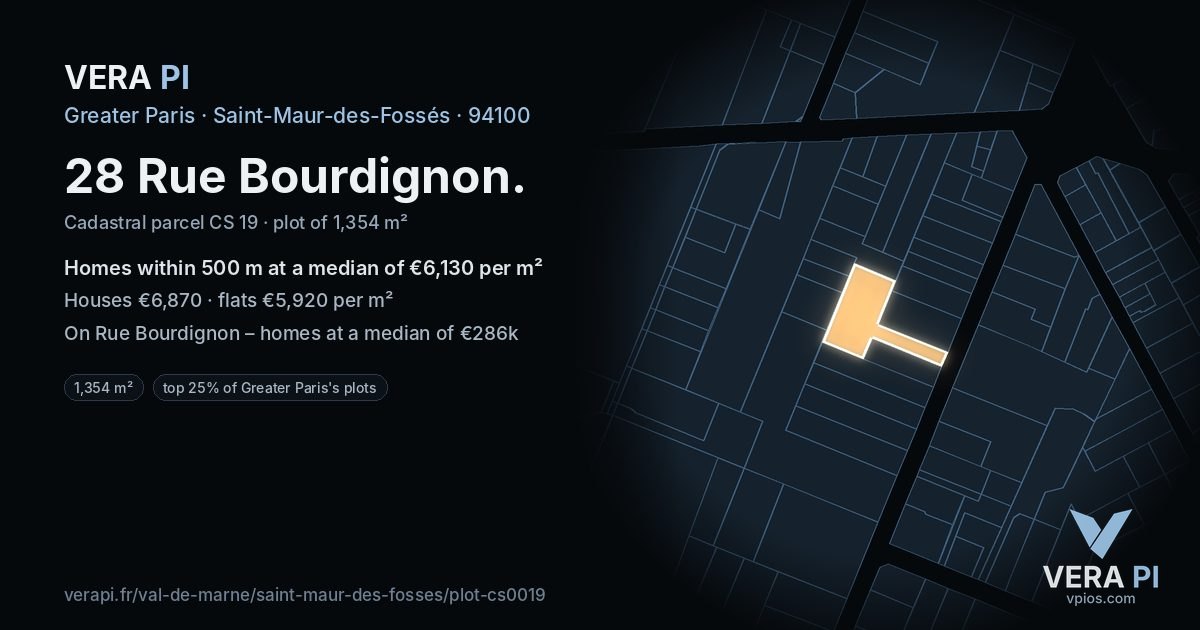 28 Rue Bourdignon, Saint-Maur-des-Fossés at night – the plot lit, the parcels around coloured by the prices near them