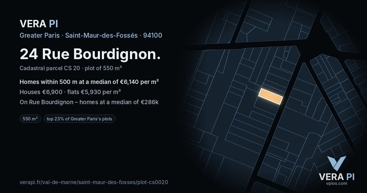 24 Rue Bourdignon, Saint-Maur-des-Fossés at night – the plot lit, the parcels around coloured by the prices near them