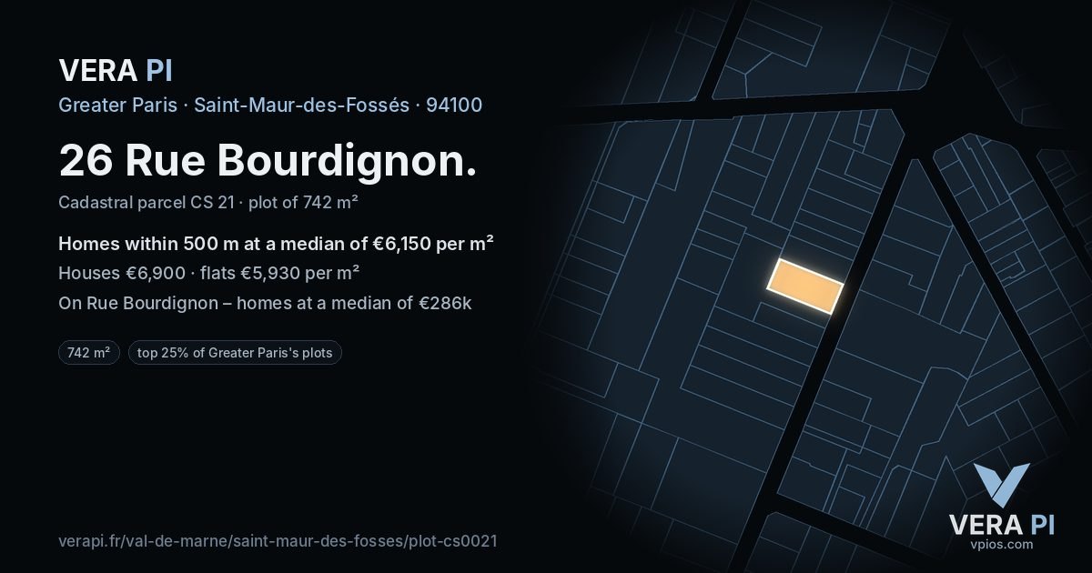 26 Rue Bourdignon, Saint-Maur-des-Fossés at night – the plot lit, the parcels around coloured by the prices near them