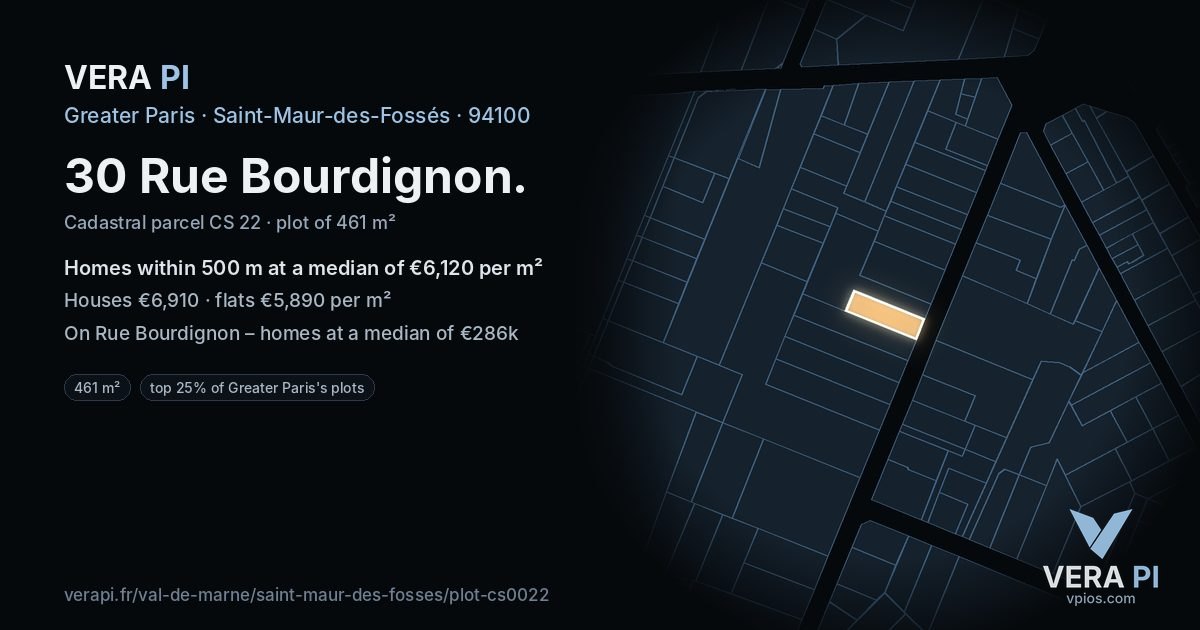30 Rue Bourdignon, Saint-Maur-des-Fossés at night – the plot lit, the parcels around coloured by the prices near them
