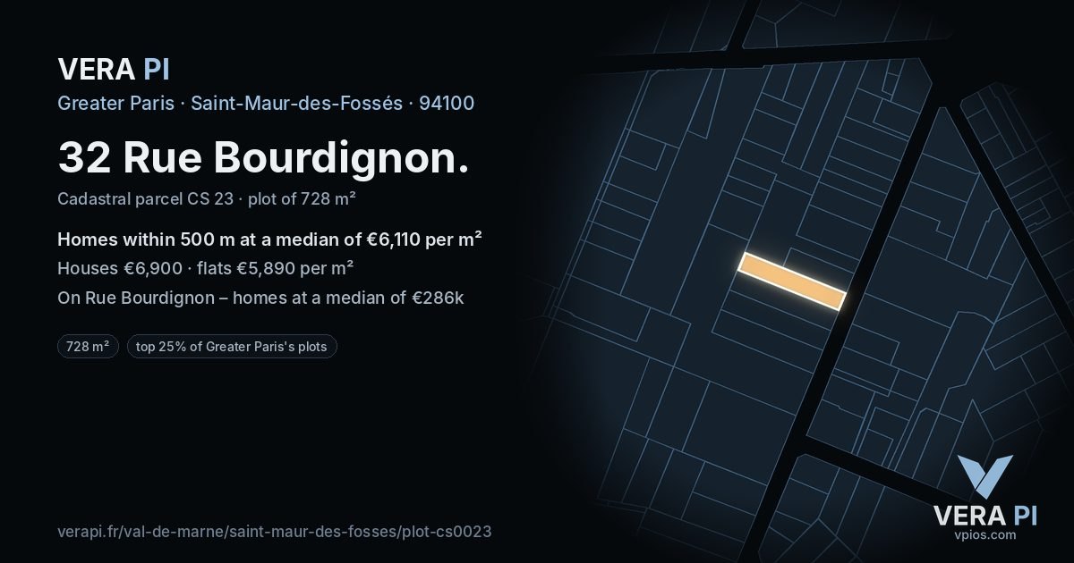 32 Rue Bourdignon, Saint-Maur-des-Fossés at night – the plot lit, the parcels around coloured by the prices near them