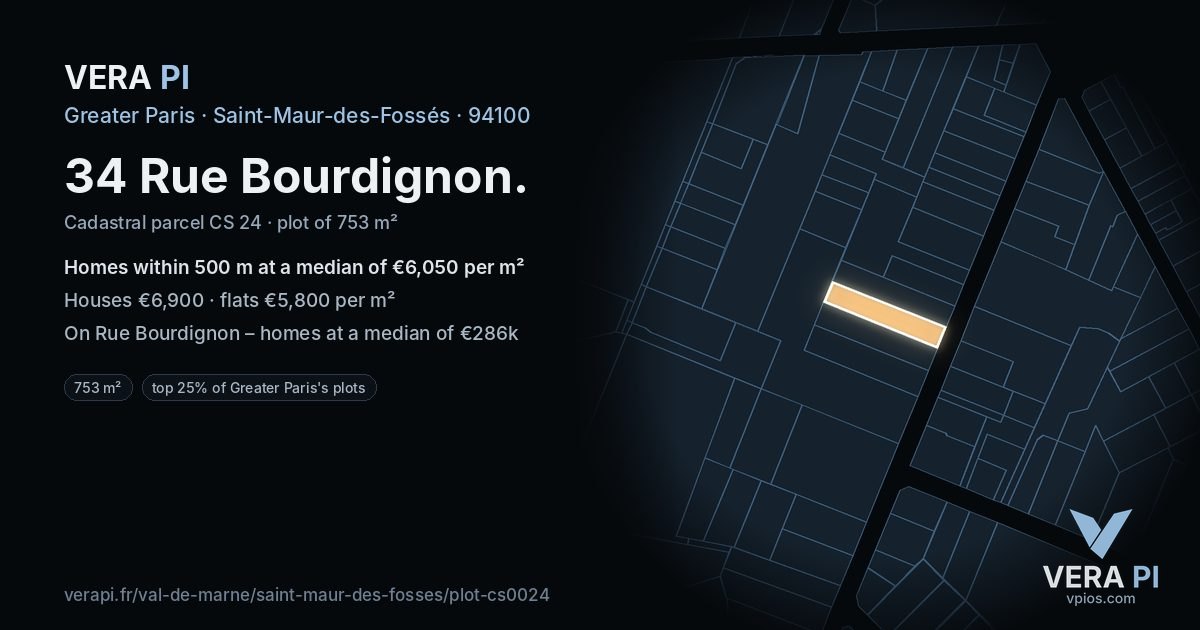 34 Rue Bourdignon, Saint-Maur-des-Fossés at night – the plot lit, the parcels around coloured by the prices near them