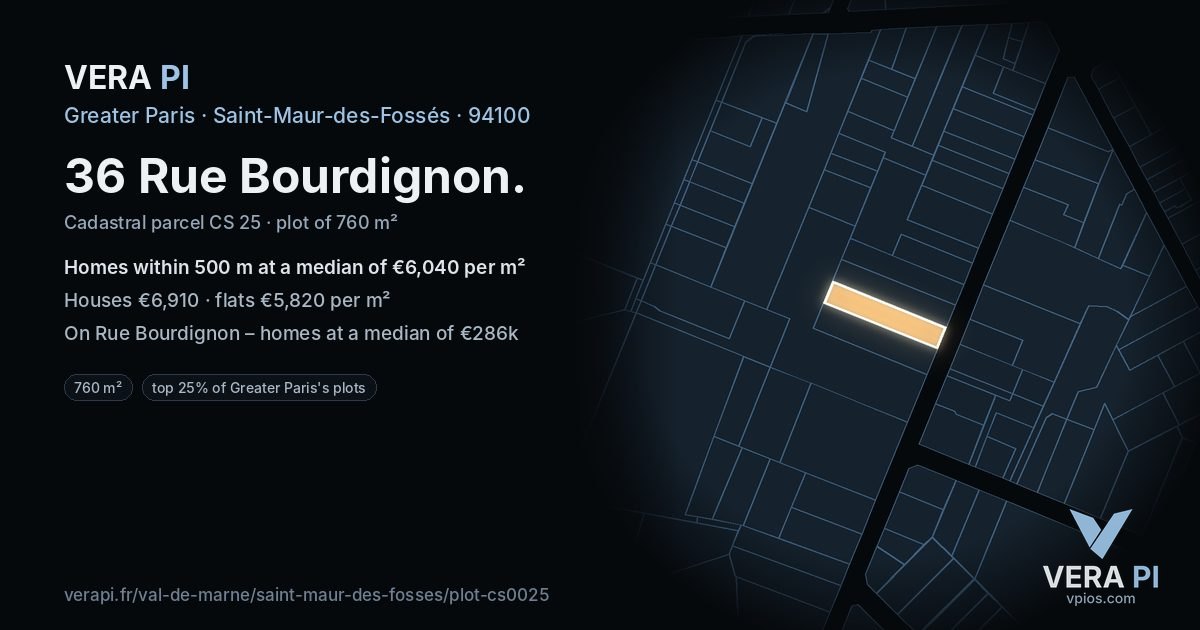 36 Rue Bourdignon, Saint-Maur-des-Fossés at night – the plot lit, the parcels around coloured by the prices near them