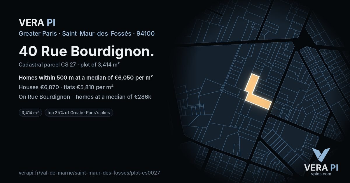 40 Rue Bourdignon, Saint-Maur-des-Fossés at night – the plot lit, the parcels around coloured by the prices near them