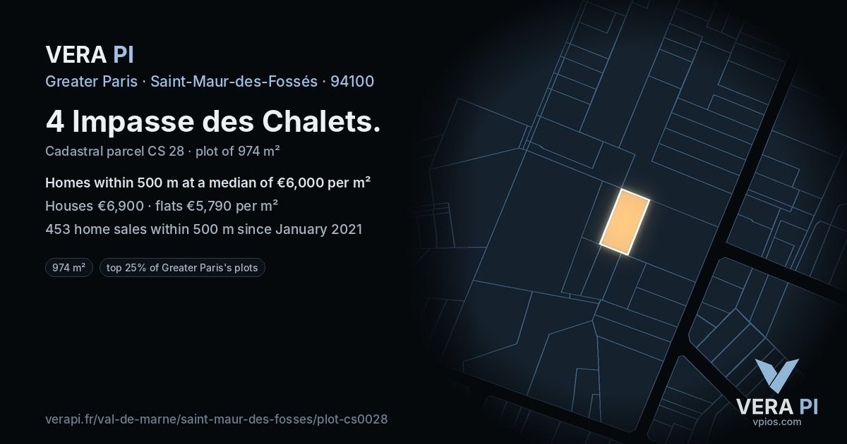 4 Impasse des Chalets, Saint-Maur-des-Fossés at night – the plot lit, the parcels around coloured by the prices near them