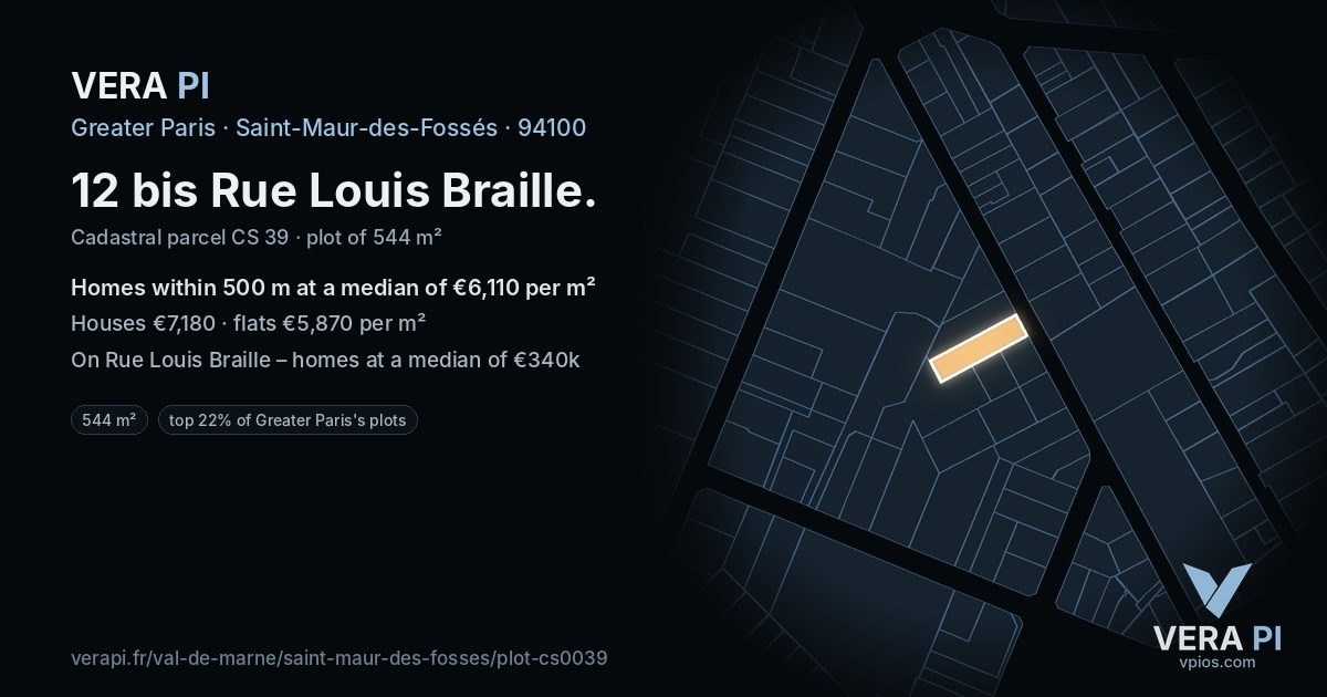 12 bis Rue Louis Braille, Saint-Maur-des-Fossés at night – the plot lit, the parcels around coloured by the prices near them