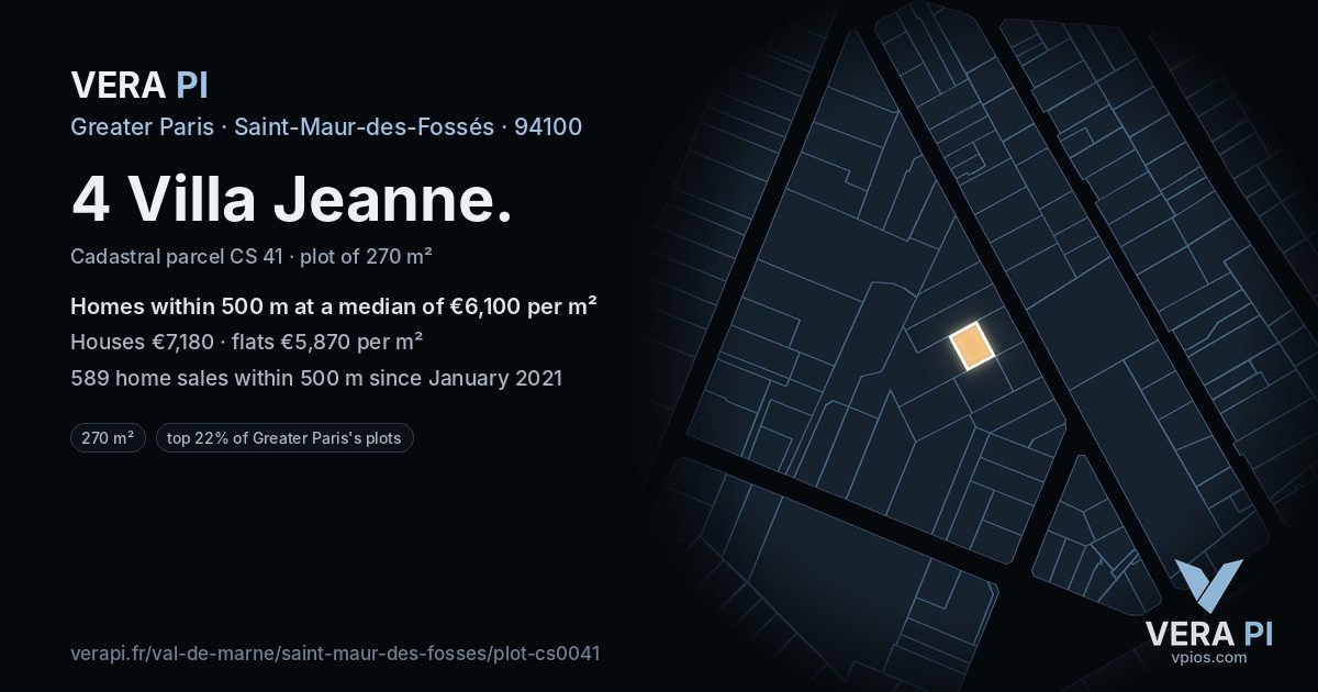 4 Villa Jeanne, Saint-Maur-des-Fossés at night – the plot lit, the parcels around coloured by the prices near them