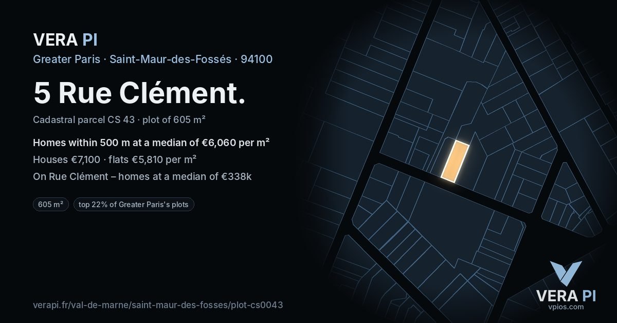 5 Rue Clément, Saint-Maur-des-Fossés at night – the plot lit, the parcels around coloured by the prices near them