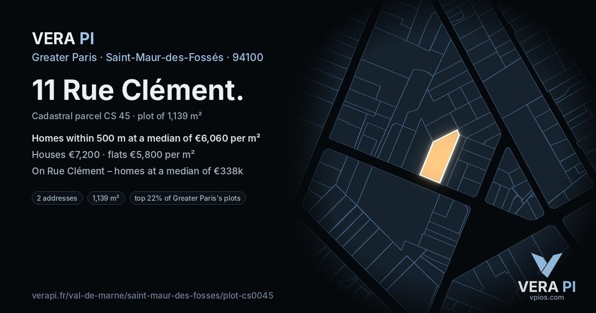 11 Rue Clément, Saint-Maur-des-Fossés at night – the plot lit, the parcels around coloured by the prices near them