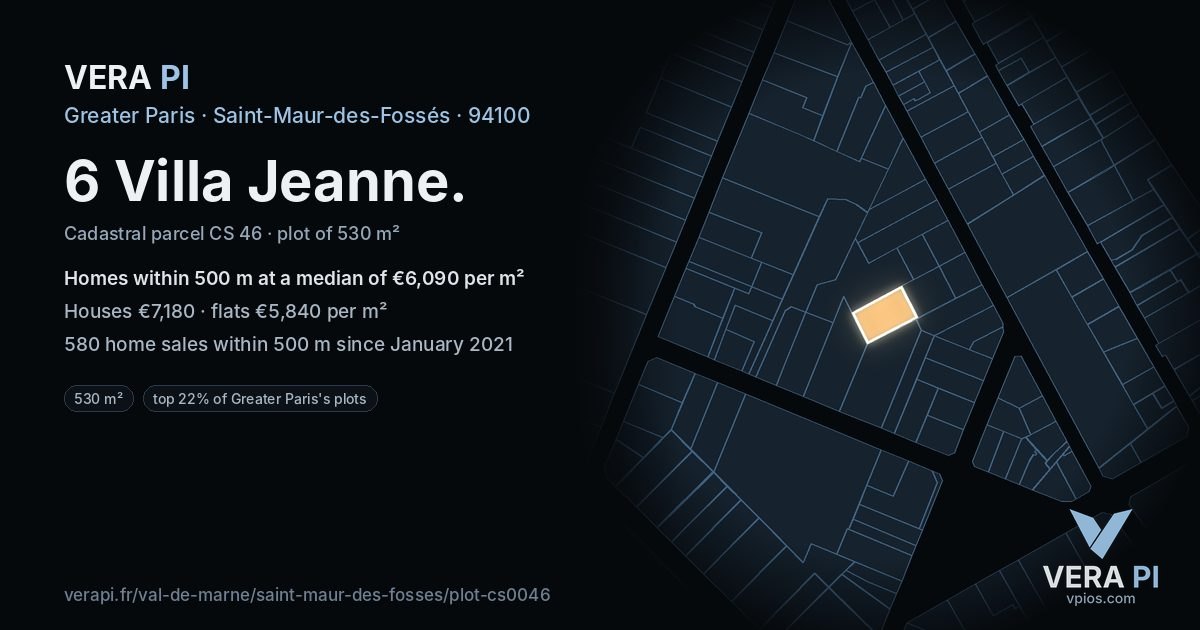 6 Villa Jeanne, Saint-Maur-des-Fossés at night – the plot lit, the parcels around coloured by the prices near them