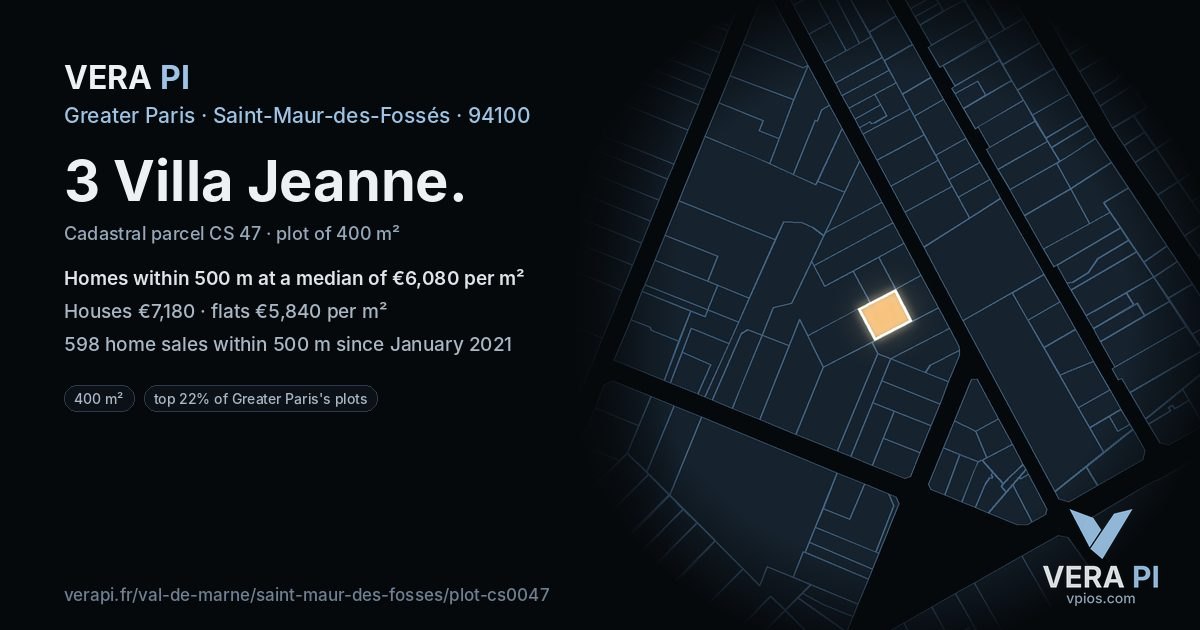 3 Villa Jeanne, Saint-Maur-des-Fossés at night – the plot lit, the parcels around coloured by the prices near them
