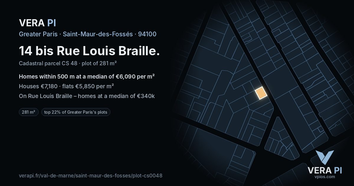 14 bis Rue Louis Braille, Saint-Maur-des-Fossés at night – the plot lit, the parcels around coloured by the prices near them