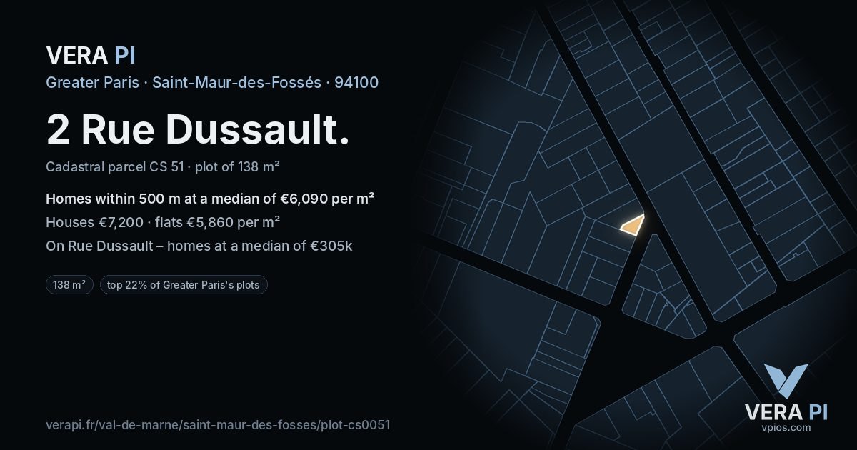 2 Rue Dussault, Saint-Maur-des-Fossés at night – the plot lit, the parcels around coloured by the prices near them