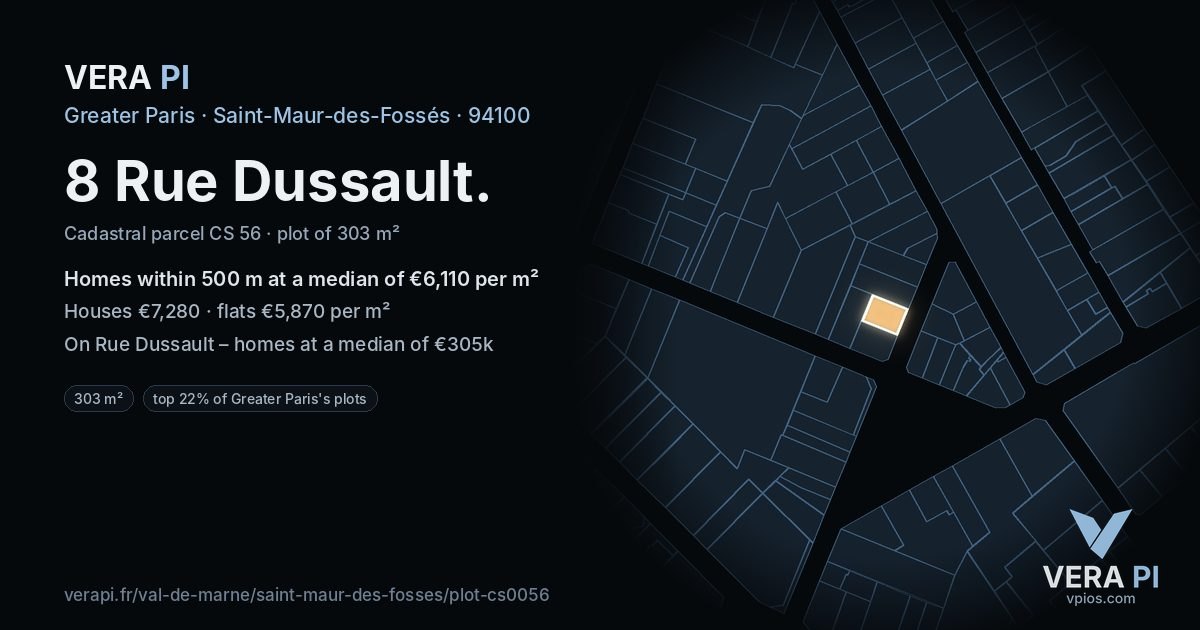 8 Rue Dussault, Saint-Maur-des-Fossés at night – the plot lit, the parcels around coloured by the prices near them