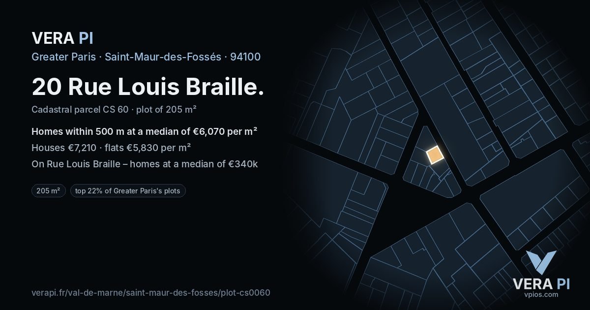 20 Rue Louis Braille, Saint-Maur-des-Fossés at night – the plot lit, the parcels around coloured by the prices near them