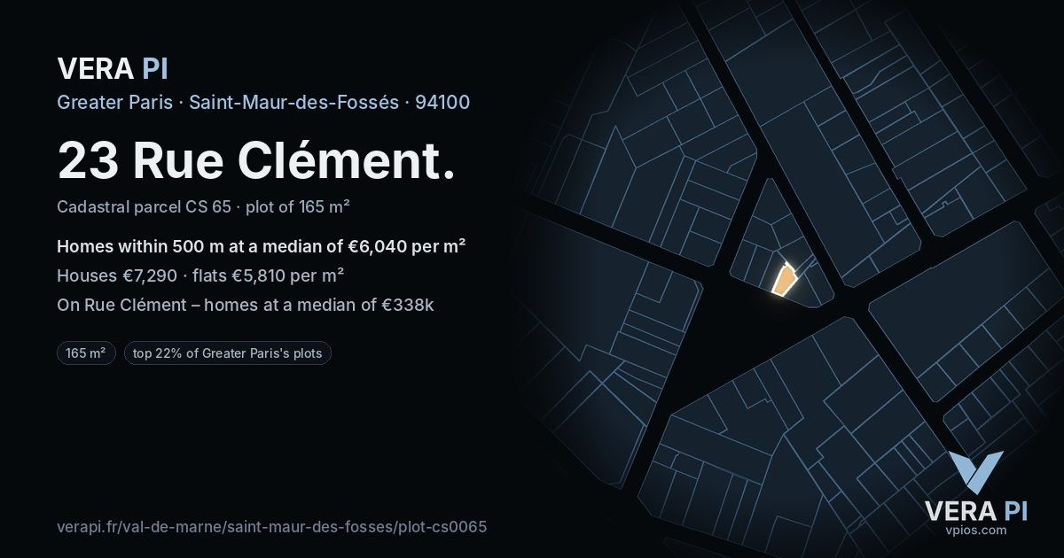 23 Rue Clément, Saint-Maur-des-Fossés at night – the plot lit, the parcels around coloured by the prices near them