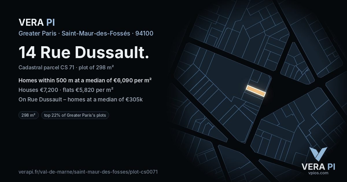 14 Rue Dussault, Saint-Maur-des-Fossés at night – the plot lit, the parcels around coloured by the prices near them