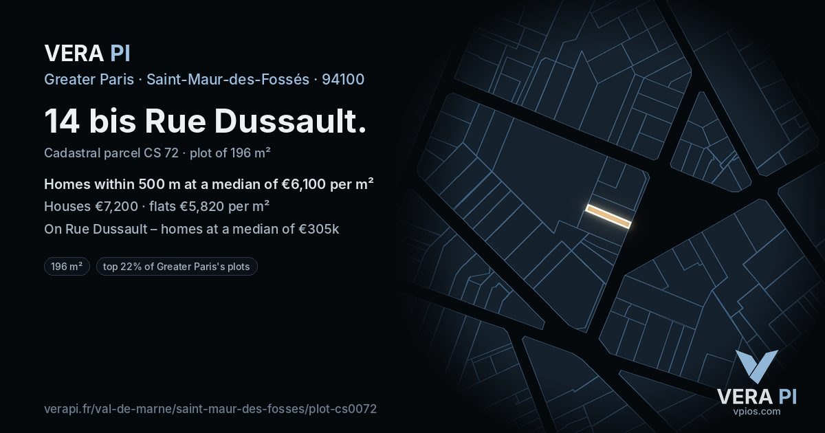 14 bis Rue Dussault, Saint-Maur-des-Fossés at night – the plot lit, the parcels around coloured by the prices near them