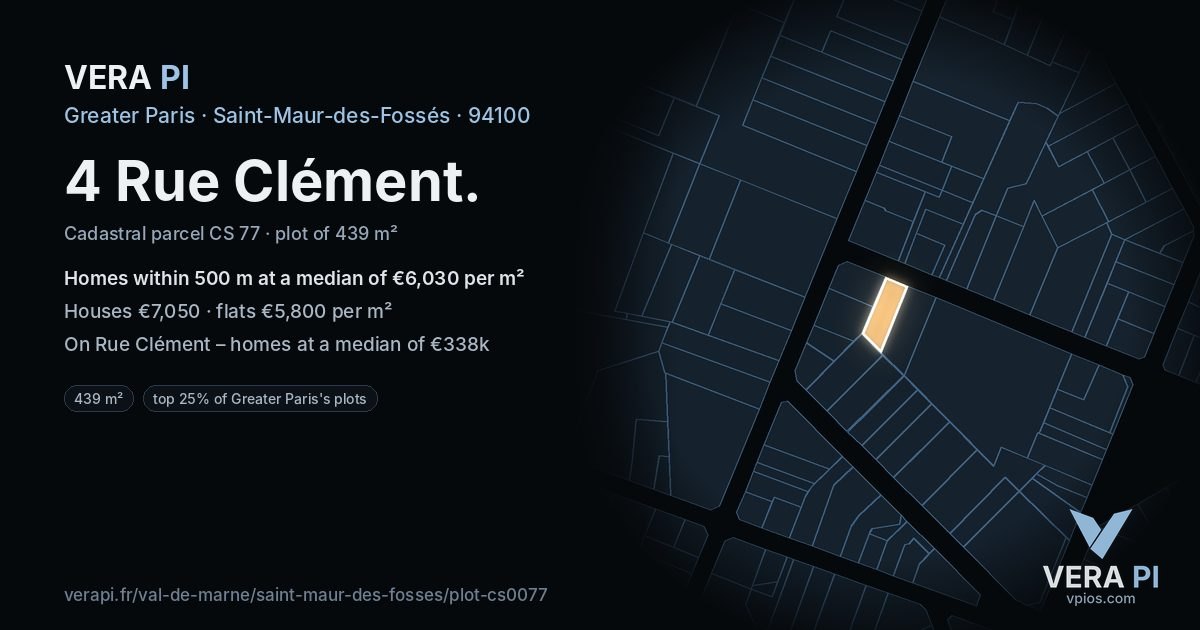 4 Rue Clément, Saint-Maur-des-Fossés at night – the plot lit, the parcels around coloured by the prices near them