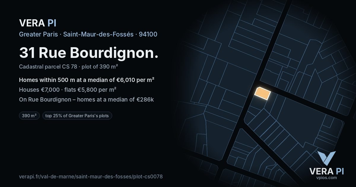 31 Rue Bourdignon, Saint-Maur-des-Fossés at night – the plot lit, the parcels around coloured by the prices near them