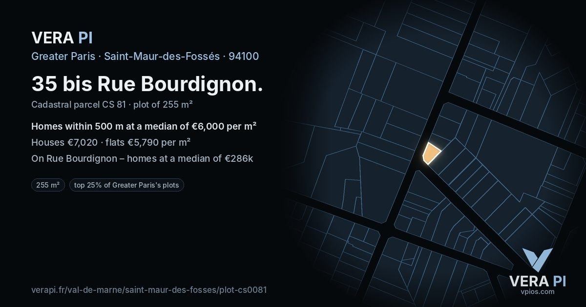 35 bis Rue Bourdignon, Saint-Maur-des-Fossés at night – the plot lit, the parcels around coloured by the prices near them
