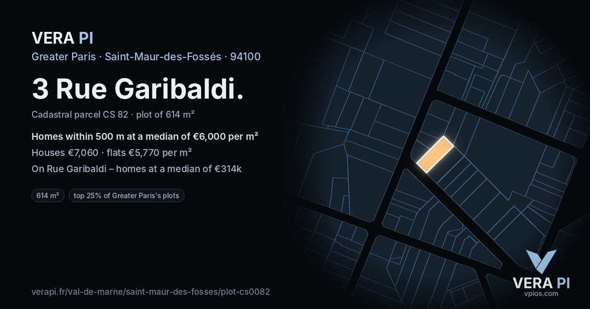 3 Rue Garibaldi, Saint-Maur-des-Fossés at night – the plot lit, the parcels around coloured by the prices near them