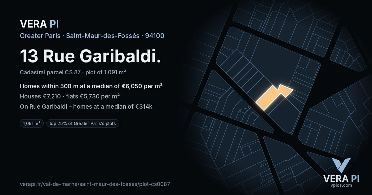 13 Rue Garibaldi, Saint-Maur-des-Fossés at night – the plot lit, the parcels around coloured by the prices near them