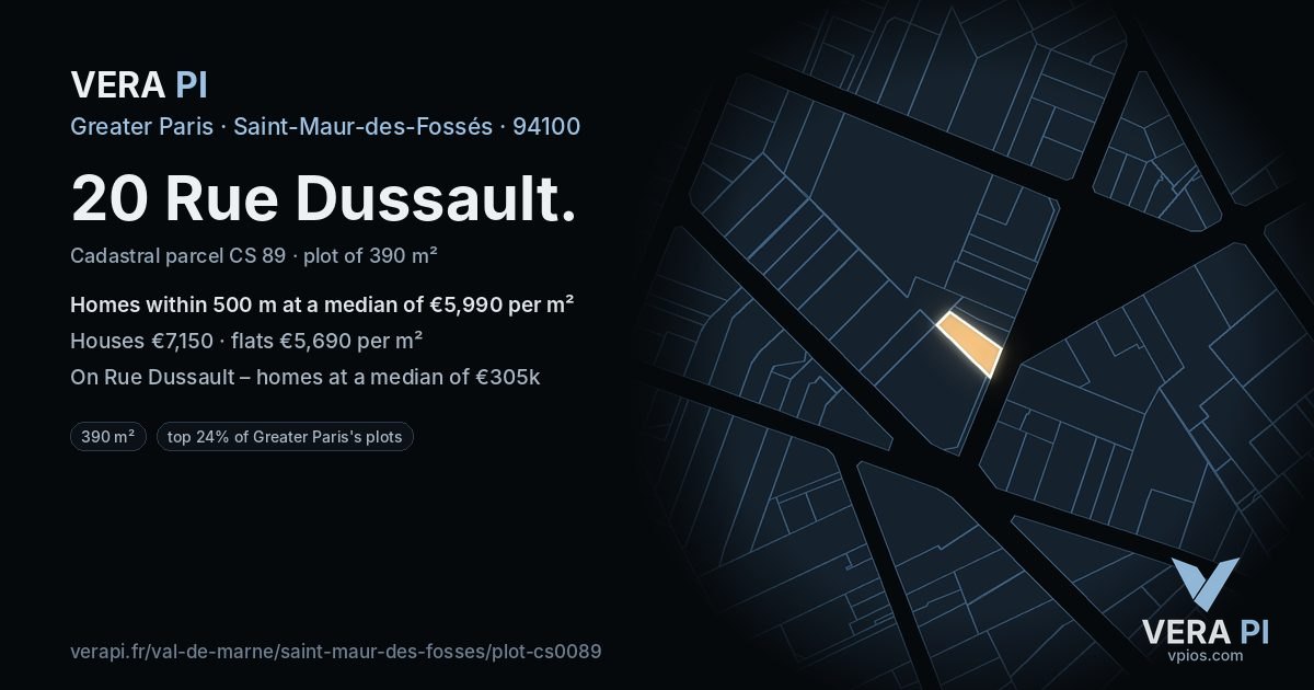 20 Rue Dussault, Saint-Maur-des-Fossés at night – the plot lit, the parcels around coloured by the prices near them