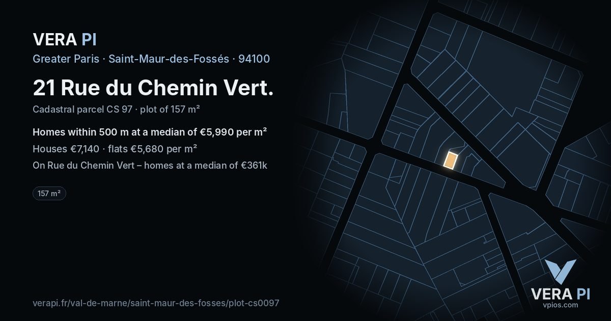 21 Rue du Chemin Vert, Saint-Maur-des-Fossés at night – the plot lit, the parcels around coloured by the prices near them