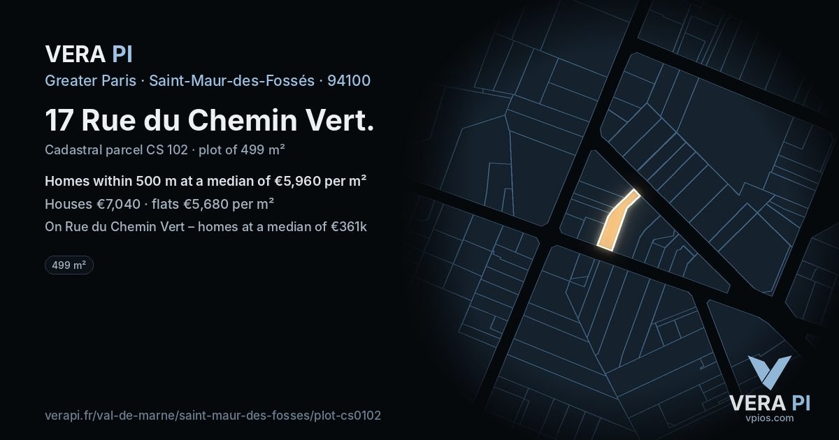 17 Rue du Chemin Vert, Saint-Maur-des-Fossés at night – the plot lit, the parcels around coloured by the prices near them