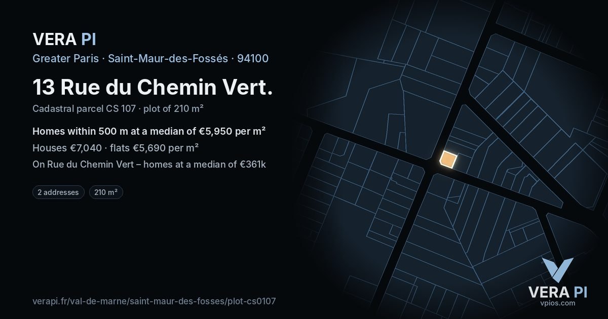 13 Rue du Chemin Vert, Saint-Maur-des-Fossés at night – the plot lit, the parcels around coloured by the prices near them