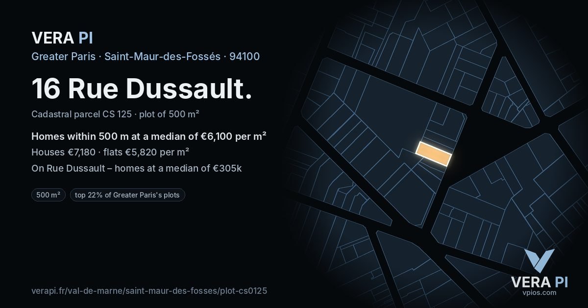 16 Rue Dussault, Saint-Maur-des-Fossés at night – the plot lit, the parcels around coloured by the prices near them