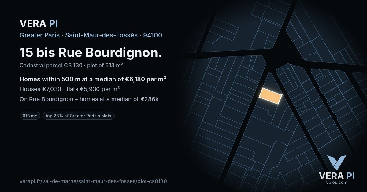 15 bis Rue Bourdignon, Saint-Maur-des-Fossés at night – the plot lit, the parcels around coloured by the prices near them