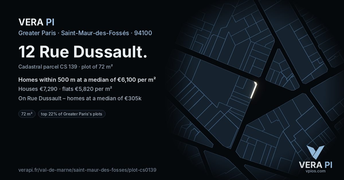 12 Rue Dussault, Saint-Maur-des-Fossés at night – the plot lit, the parcels around coloured by the prices near them
