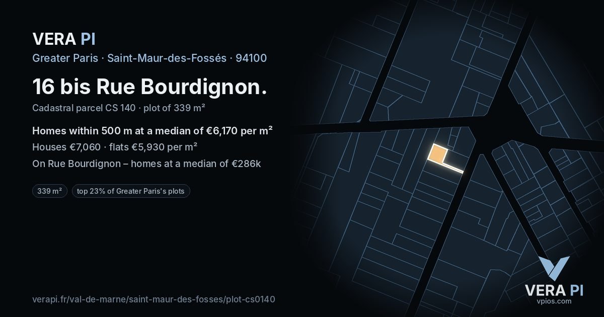 16 bis Rue Bourdignon, Saint-Maur-des-Fossés at night – the plot lit, the parcels around coloured by the prices near them
