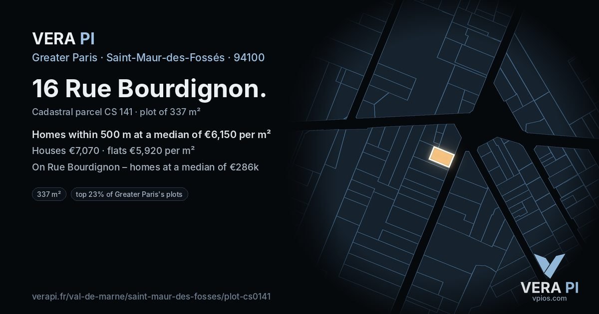 16 Rue Bourdignon, Saint-Maur-des-Fossés at night – the plot lit, the parcels around coloured by the prices near them