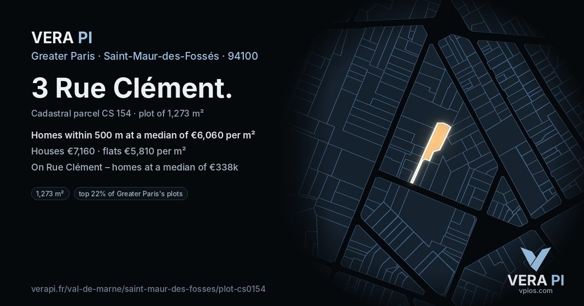 3 Rue Clément, Saint-Maur-des-Fossés at night – the plot lit, the parcels around coloured by the prices near them