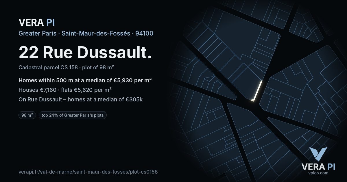 22 Rue Dussault, Saint-Maur-des-Fossés at night – the plot lit, the parcels around coloured by the prices near them