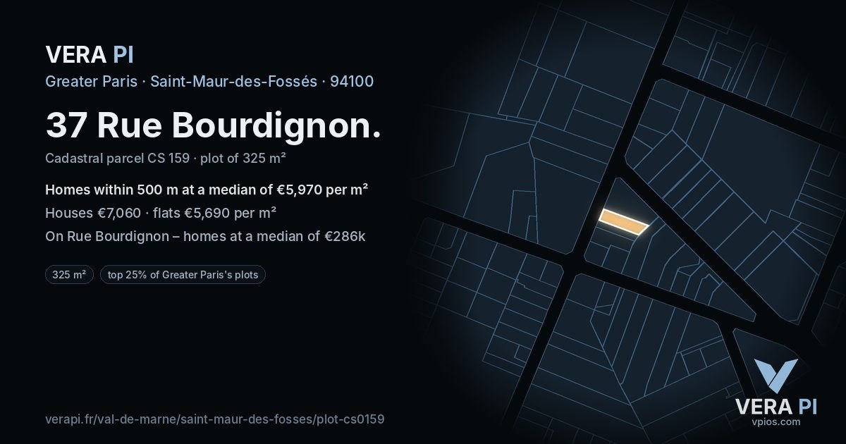 37 Rue Bourdignon, Saint-Maur-des-Fossés at night – the plot lit, the parcels around coloured by the prices near them