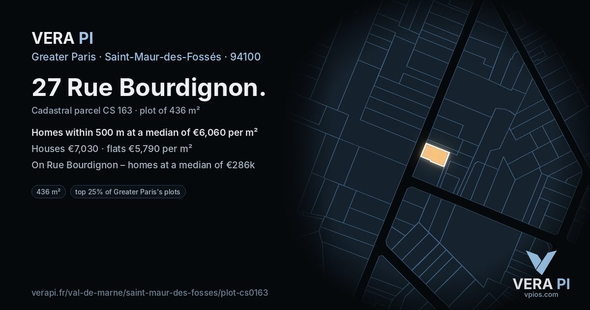 27 Rue Bourdignon, Saint-Maur-des-Fossés at night – the plot lit, the parcels around coloured by the prices near them