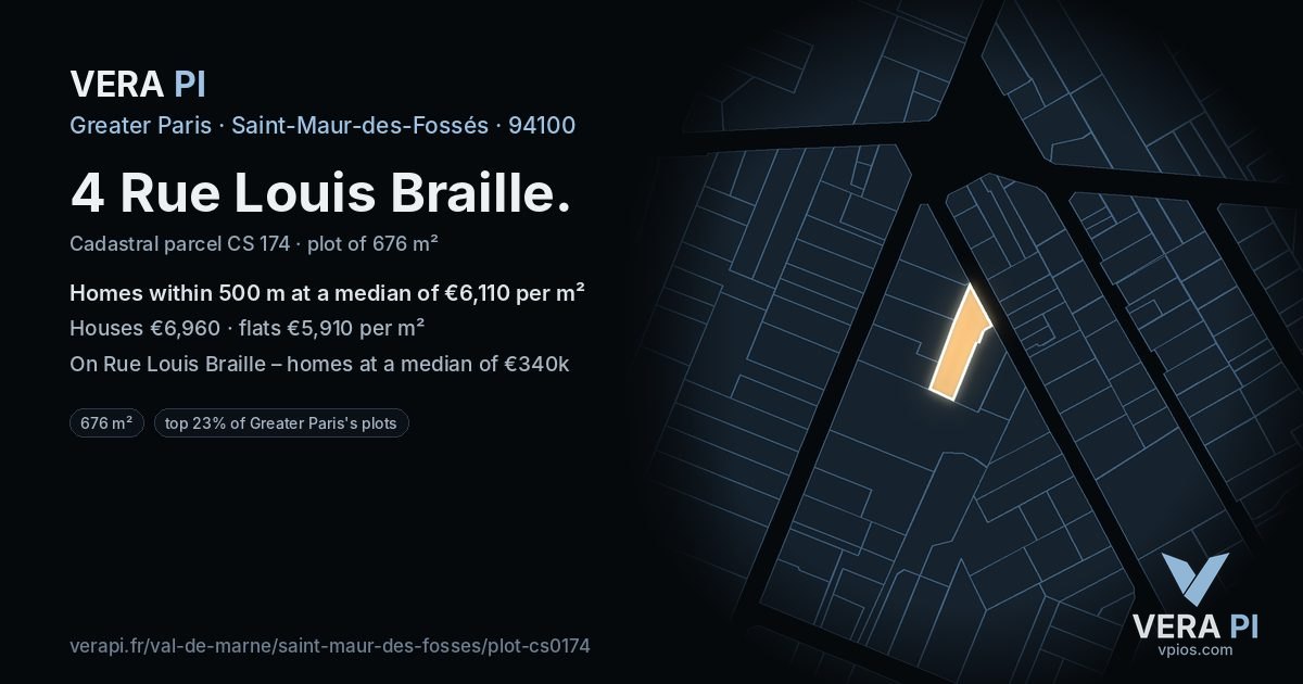 4 Rue Louis Braille, Saint-Maur-des-Fossés at night – the plot lit, the parcels around coloured by the prices near them