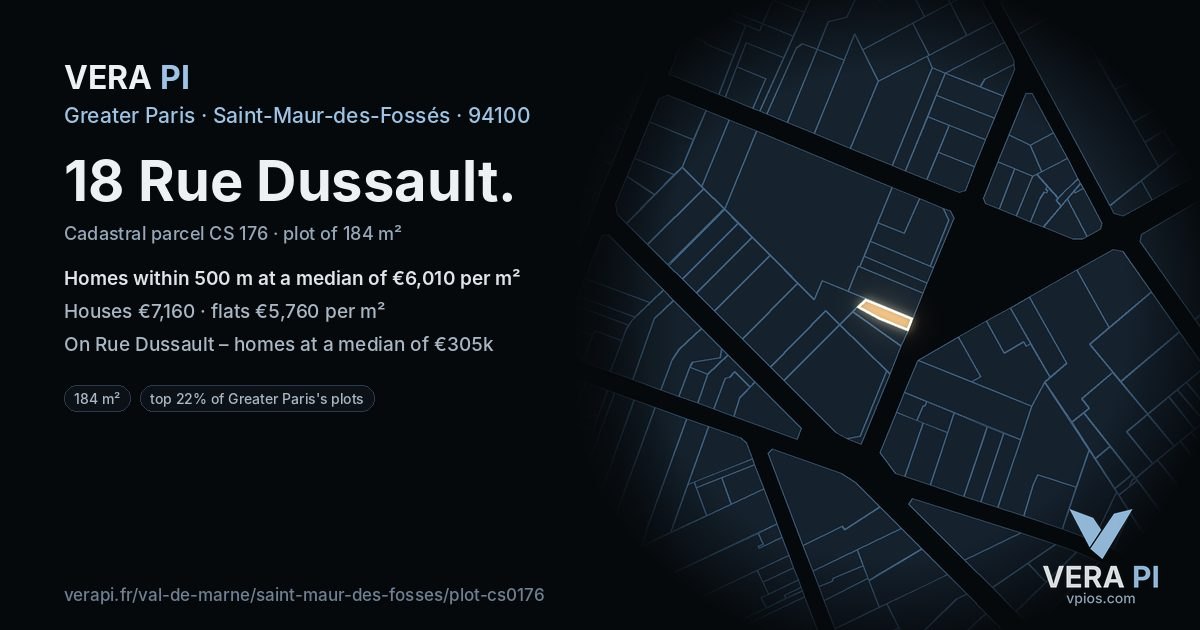 18 Rue Dussault, Saint-Maur-des-Fossés at night – the plot lit, the parcels around coloured by the prices near them