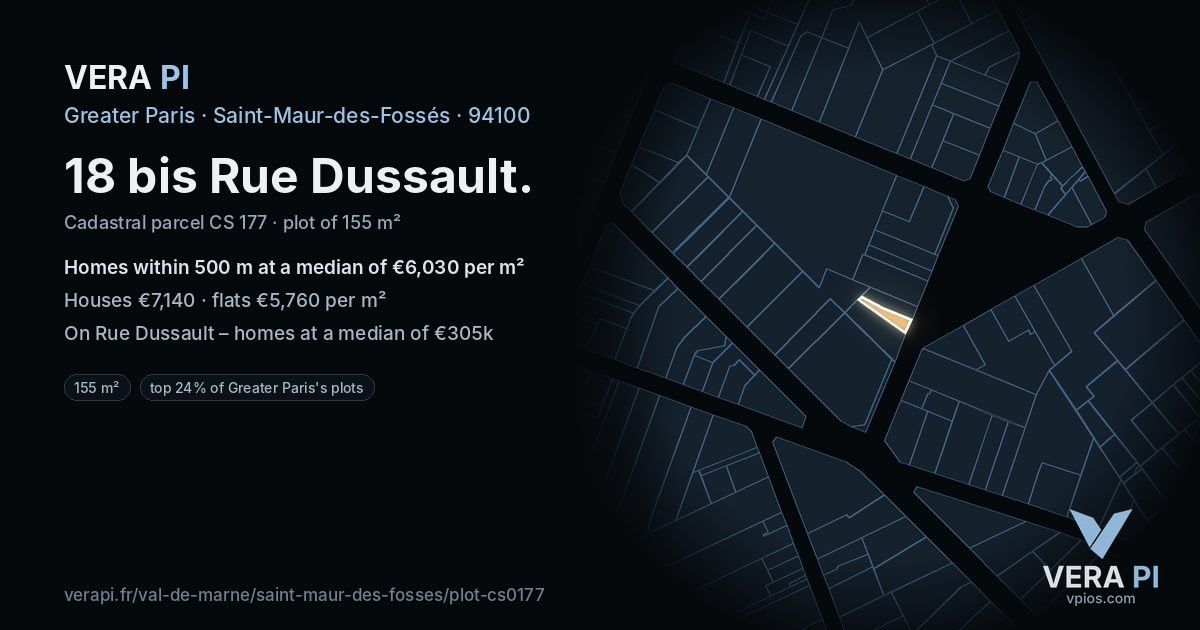 18 bis Rue Dussault, Saint-Maur-des-Fossés at night – the plot lit, the parcels around coloured by the prices near them
