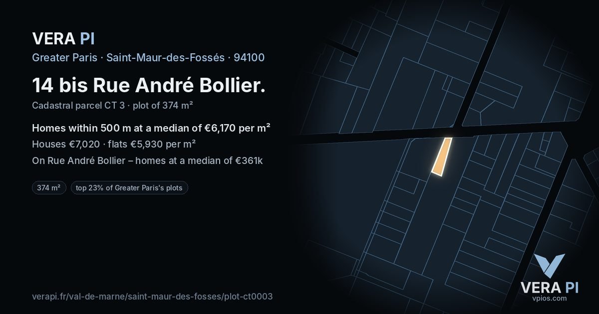 14 bis Rue André Bollier, Saint-Maur-des-Fossés at night – the plot lit, the parcels around coloured by the prices near them
