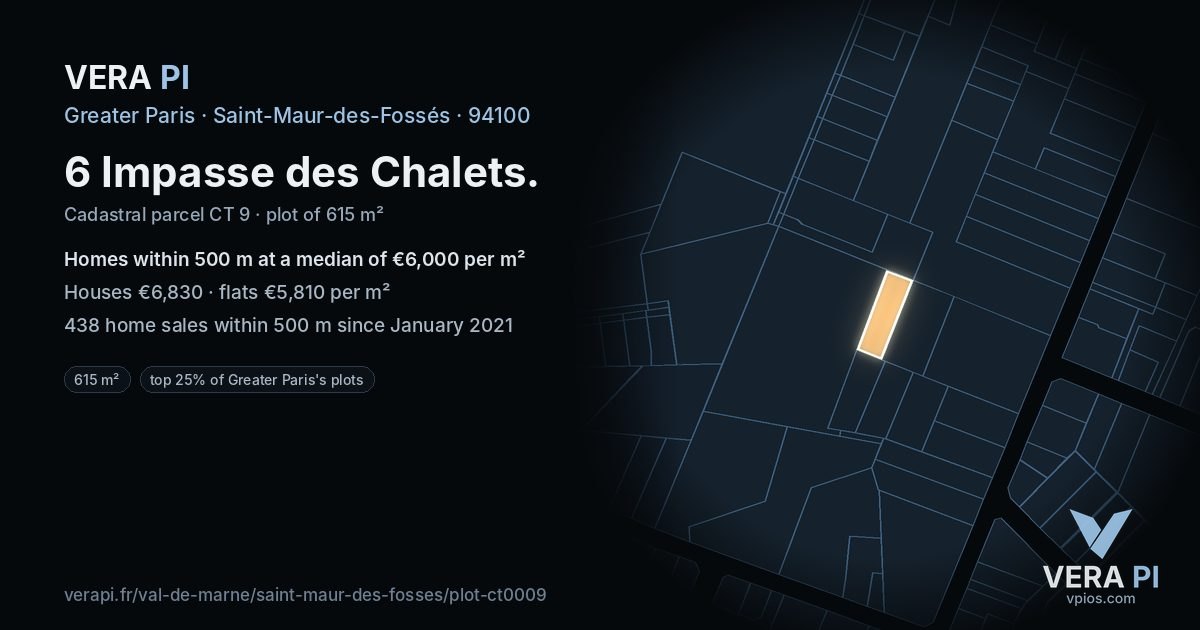 6 Impasse des Chalets, Saint-Maur-des-Fossés at night – the plot lit, the parcels around coloured by the prices near them