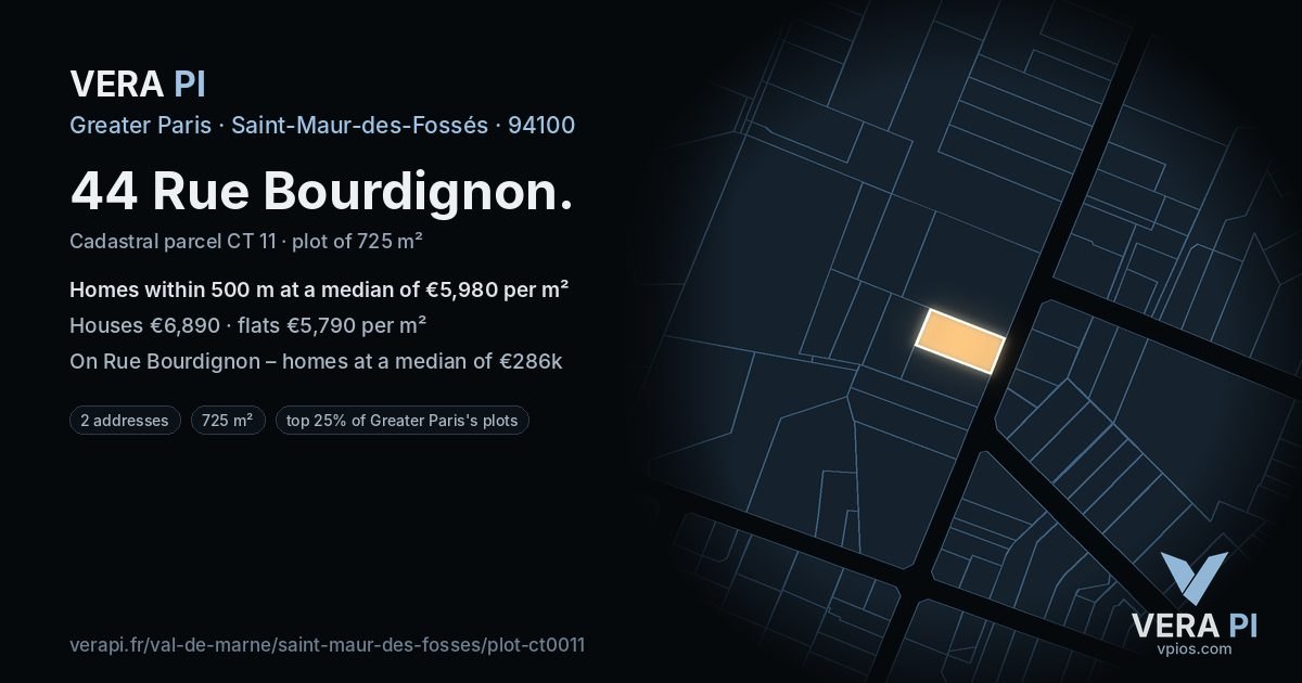 44 Rue Bourdignon, Saint-Maur-des-Fossés at night – the plot lit, the parcels around coloured by the prices near them