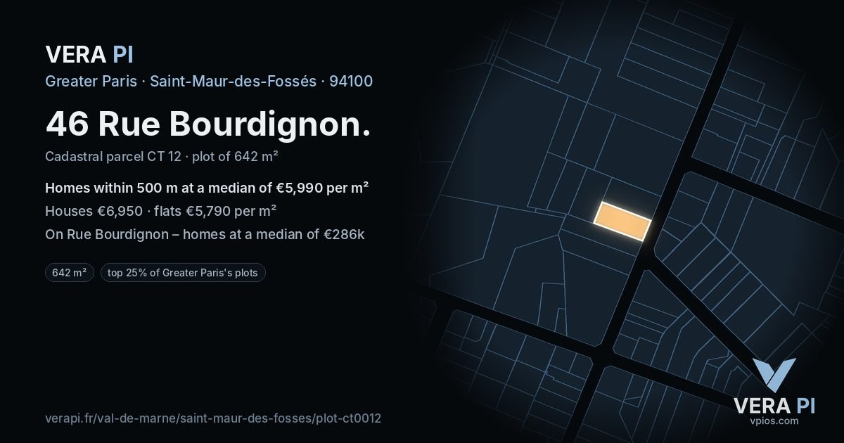 46 Rue Bourdignon, Saint-Maur-des-Fossés at night – the plot lit, the parcels around coloured by the prices near them