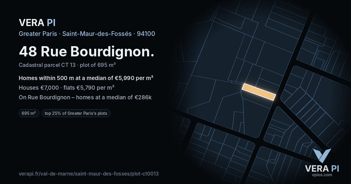 48 Rue Bourdignon, Saint-Maur-des-Fossés at night – the plot lit, the parcels around coloured by the prices near them