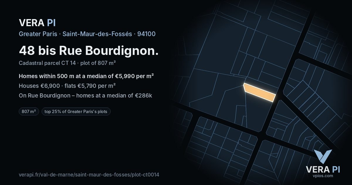 48 bis Rue Bourdignon, Saint-Maur-des-Fossés at night – the plot lit, the parcels around coloured by the prices near them